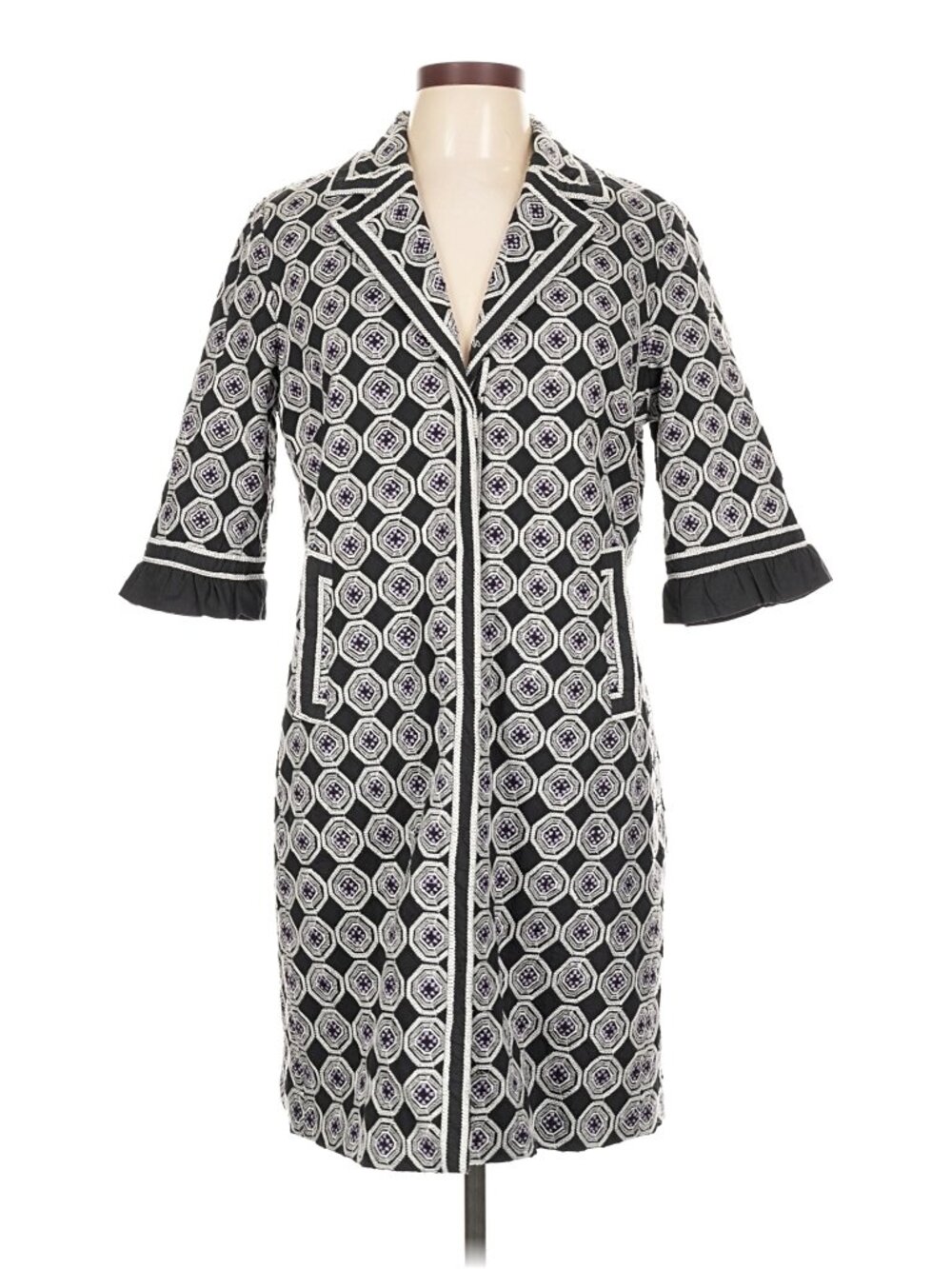 T Tahari Calypso Embroidered Geometric Sweater Jacket Black White Purple M/L (Es - Picture 3 of 9